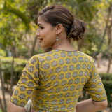 Mustard bagru handblock booti round neck cotton blouse with black piping