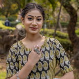 Olive and black handblock paisley print round neck cotton blouse with frills on neck and sleeves