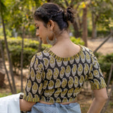 Olive and black handblock paisley print round neck cotton blouse with frills on neck and sleeves