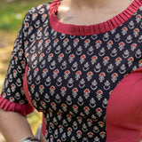 Black and red handblock booti print round neck cotton blouse with frills on neck and sleeves