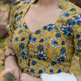 Mustard with blue floral handblock print stand up collar with diamond neck cotton blouse with sleeves
