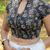 Black mustard kalamkari handblock print collared with u-neck cotton blouse with sleeeves