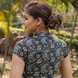 Black mustard kalamkari handblock print collared with u-neck cotton blouse with sleeeves