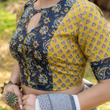 Black kalamkari and Mustard booti crew neck keyholed cotton blouse with sleeves