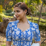 Blue sanganeri handblock print stand up collar diamond neck cotton blouse with baloon sleeves