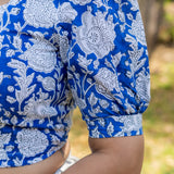Blue sanganeri handblock print stand up collar diamond neck cotton blouse with baloon sleeves
