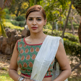 Green bagru paisley handblock print sleeveless cotton blouse with brown piping
