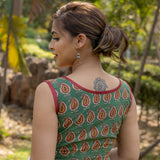 Green bagru paisley handblock print sleeveless cotton blouse with brown piping