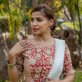 Red bagru jaali handblock print cotton blouse with booti on sleeves