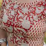 Red bagru jaali handblock print cotton blouse with booti on sleeves
