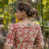 Red bagru jaali handblock print cotton blouse with booti on sleeves