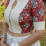 White cotton blouse with red kalamkari print on sleeves