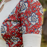 White cotton blouse with red kalamkari print on sleeves