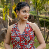 Red bagru kalamkari halter beck cotton blouse with blue piping