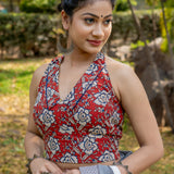 Red bagru kalamkari halter beck cotton blouse with blue piping