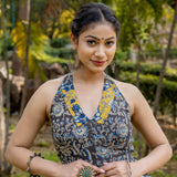Black and mustard kalamkaru bagru halter neck cotton blouse