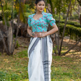 Blue sanganeri handblock print with pink flower cotton blouse with sleeves
