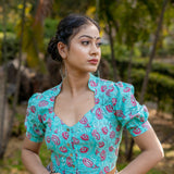 Blue sanganeri handblock print with pink flower cotton blouse with sleeves