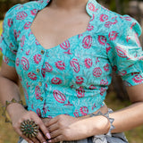 Blue sanganeri handblock print with pink flower cotton blouse with sleeves