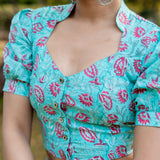 Blue sanganeri handblock print with pink flower cotton blouse with sleeves