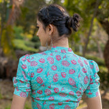 Blue sanganeri handblock print with pink flower cotton blouse with sleeves