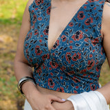 Indigo ajrakh handblock print sleeveless cotton blouse