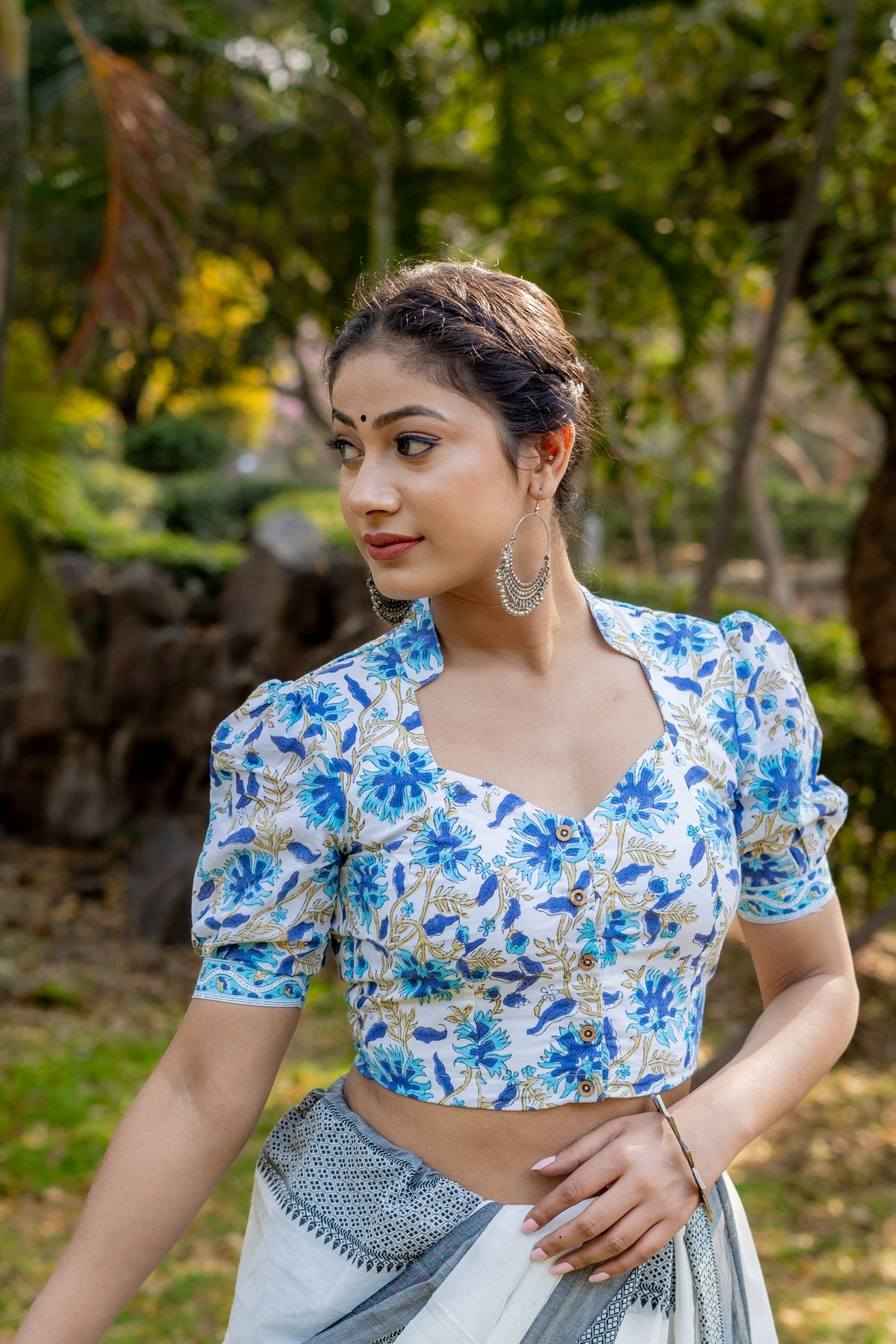 White cotton blouse witg blue handblock flowers
