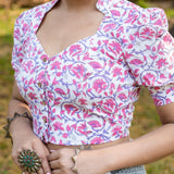 White cotton blouse withe pink floral handblock flowers