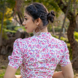 White cotton blouse withe pink floral handblock flowers