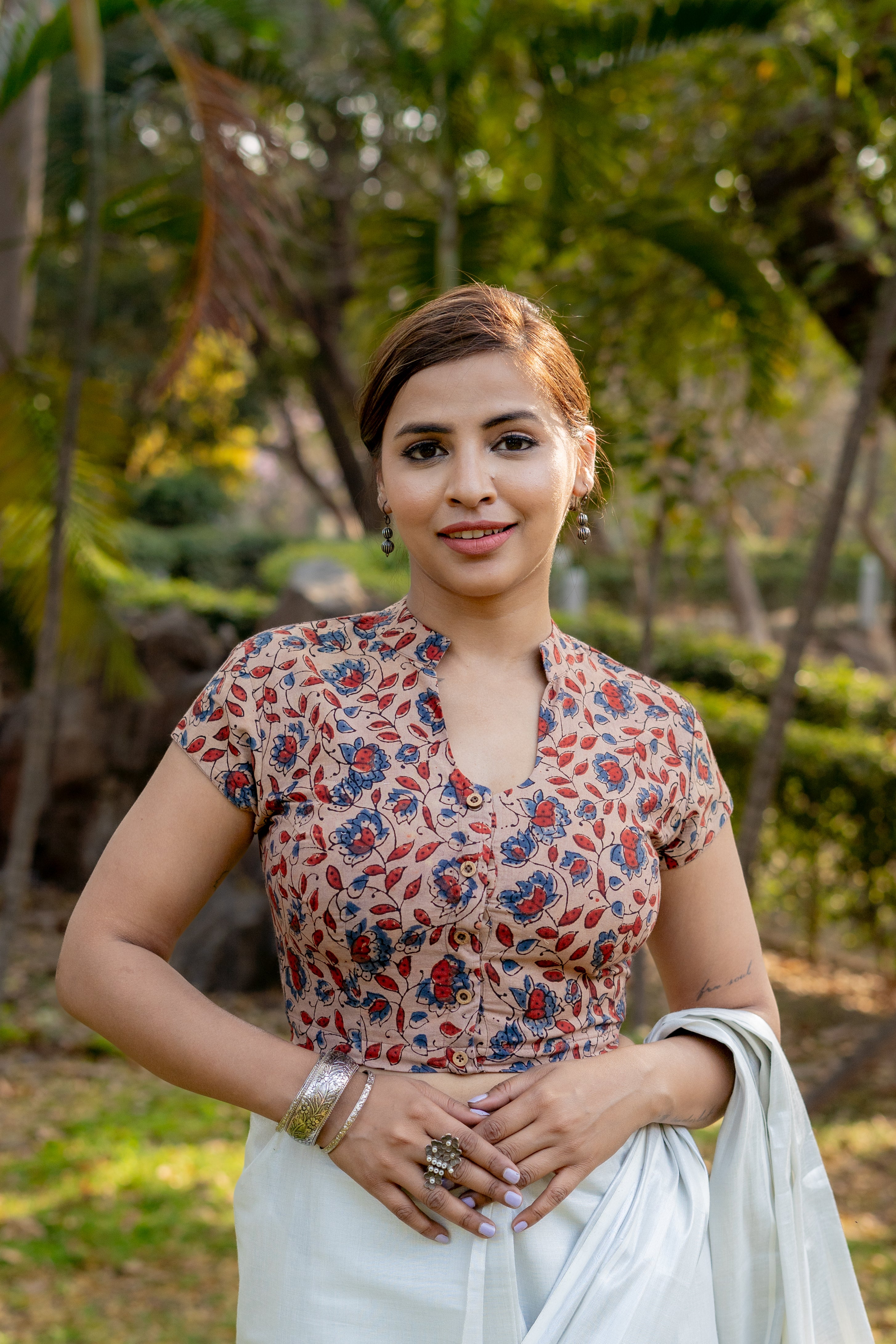 Off white ajrkah handblock print U neck cotton blouse with sleeves