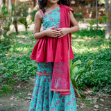 Blue & Dark Pink Sanganeri One Shoulder Peplum Top with Hankerchief Style Sharara