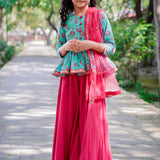 Blue & Dark Pink Sanganeri Peplum Top with Dark Pink Sharara Set