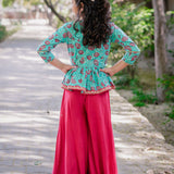 Blue & Dark Pink Sanganeri Peplum Top with Dark Pink Sharara Set