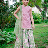 Pink Dabu Stripe Kurti with Green Sanganeri Cotton Lehenga