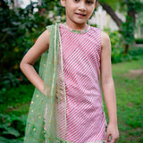 Pink Dabu Stripe Kurti with Green Sanganeri Cotton Lehenga