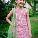 Pink Dabu Stripe Kurti with Green Sanganeri Cotton Lehenga