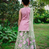 Pink Dabu Stripe Kurti with Green Sanganeri Cotton Lehenga