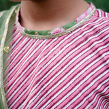 Pink Dabu Stripe Kurti with Green Sanganeri Cotton Lehenga