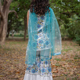 White with Blue Sanganeri Top with White Sharara & Blue Dupatta