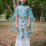 White with Blue Sanganeri Top with White Sharara & Blue Dupatta