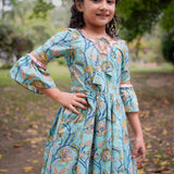 Blue Sanganeri Cold Shoulder Kurta with Pink Salwar and Dupatta