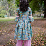 Blue Sanganeri Cold Shoulder Kurta with Pink Salwar and Dupatta