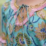 Blue Sanganeri Cold Shoulder Kurta with Pink Salwar and Dupatta