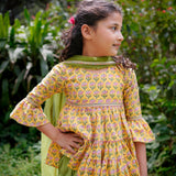 Yellow Booti Hi-lo Peplum Top with Green Dhoti