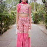 Pink Sanganeri One Shoulder Top with Net Sharara