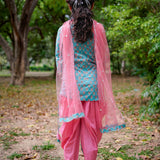 Pink & Blue Sanganeri Booti Dhoti Set