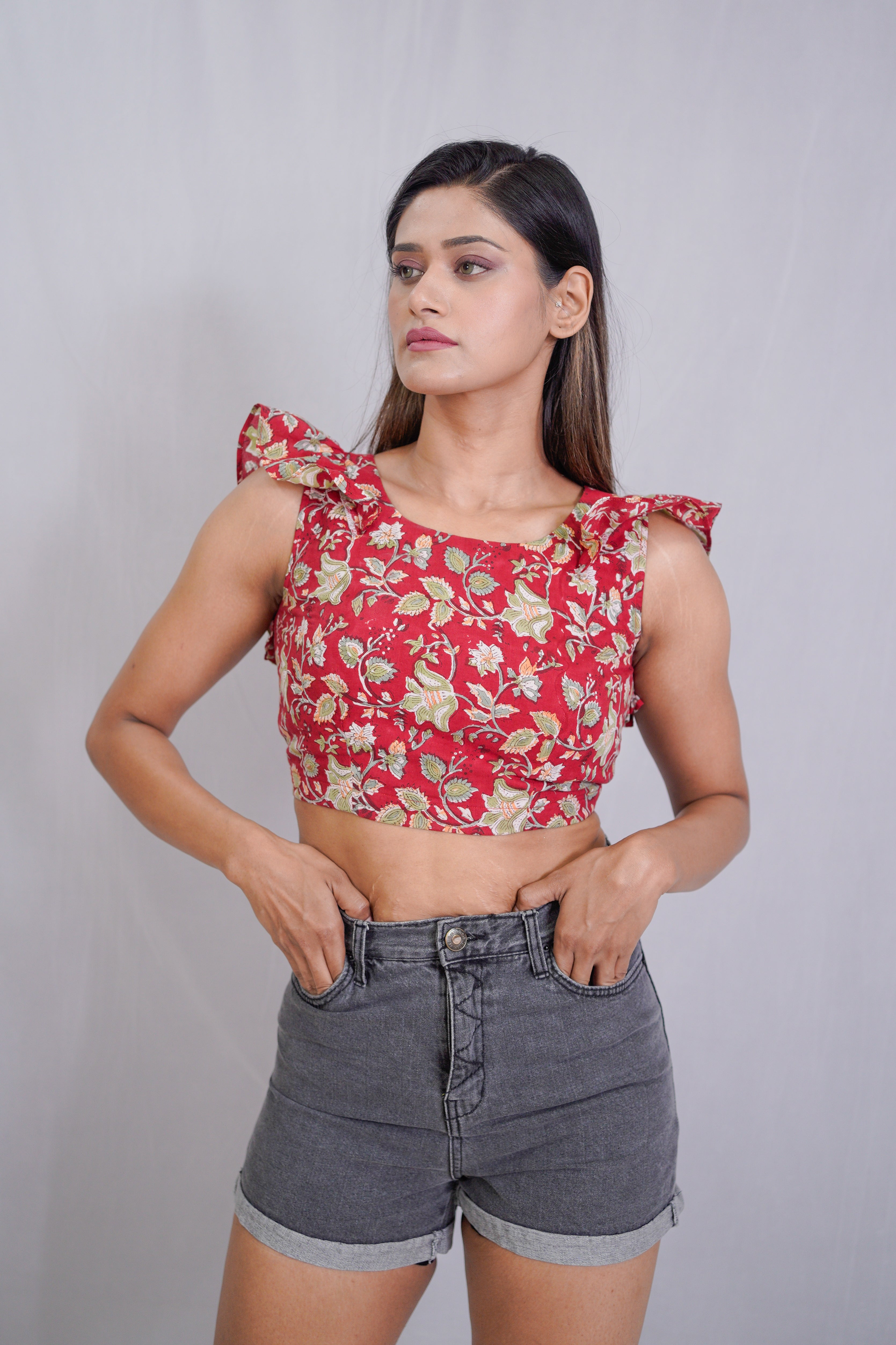 Red Sanganeri Handblock Printed  Backless Crop Top