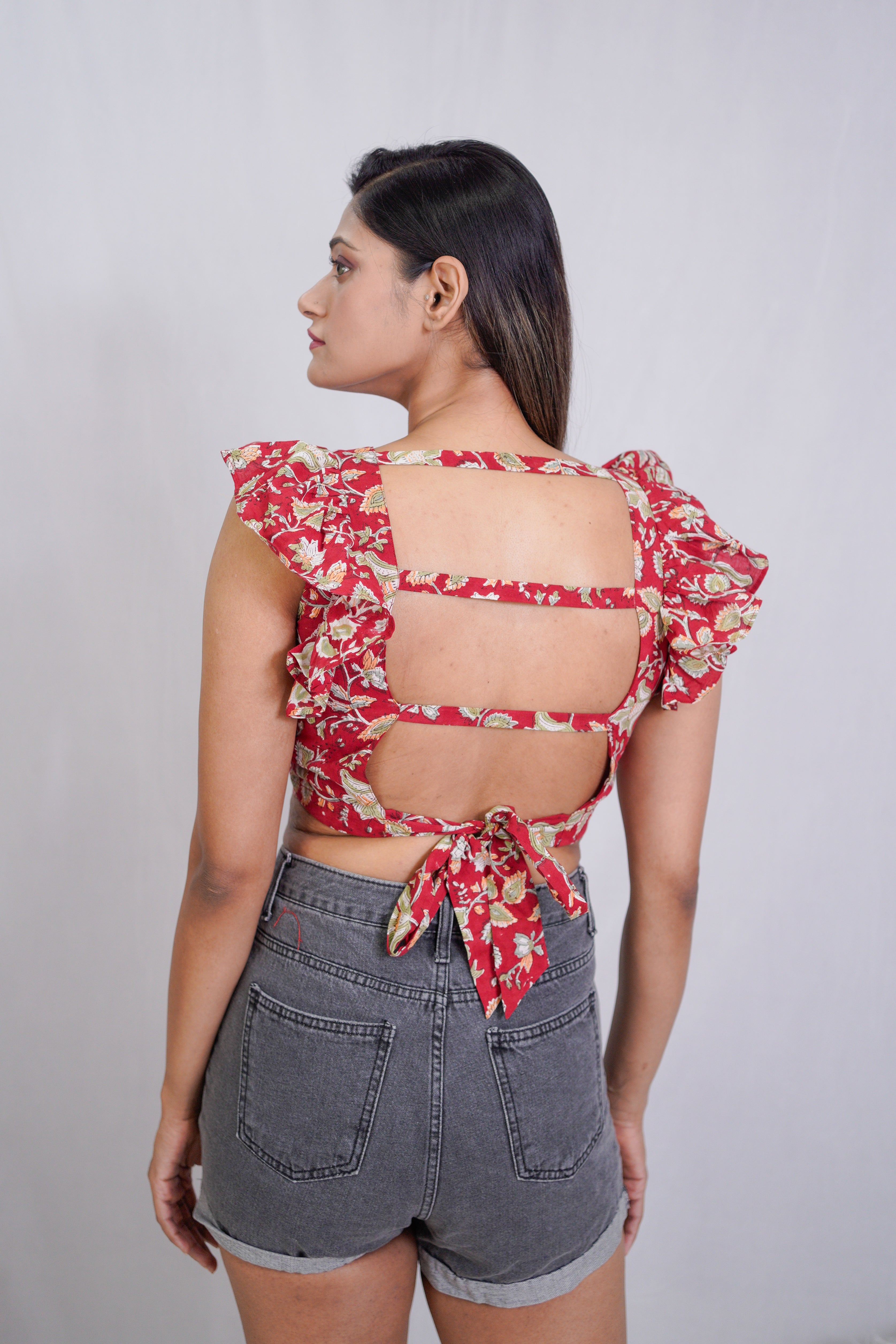 Red Sanganeri Handblock Printed  Backless Crop Top