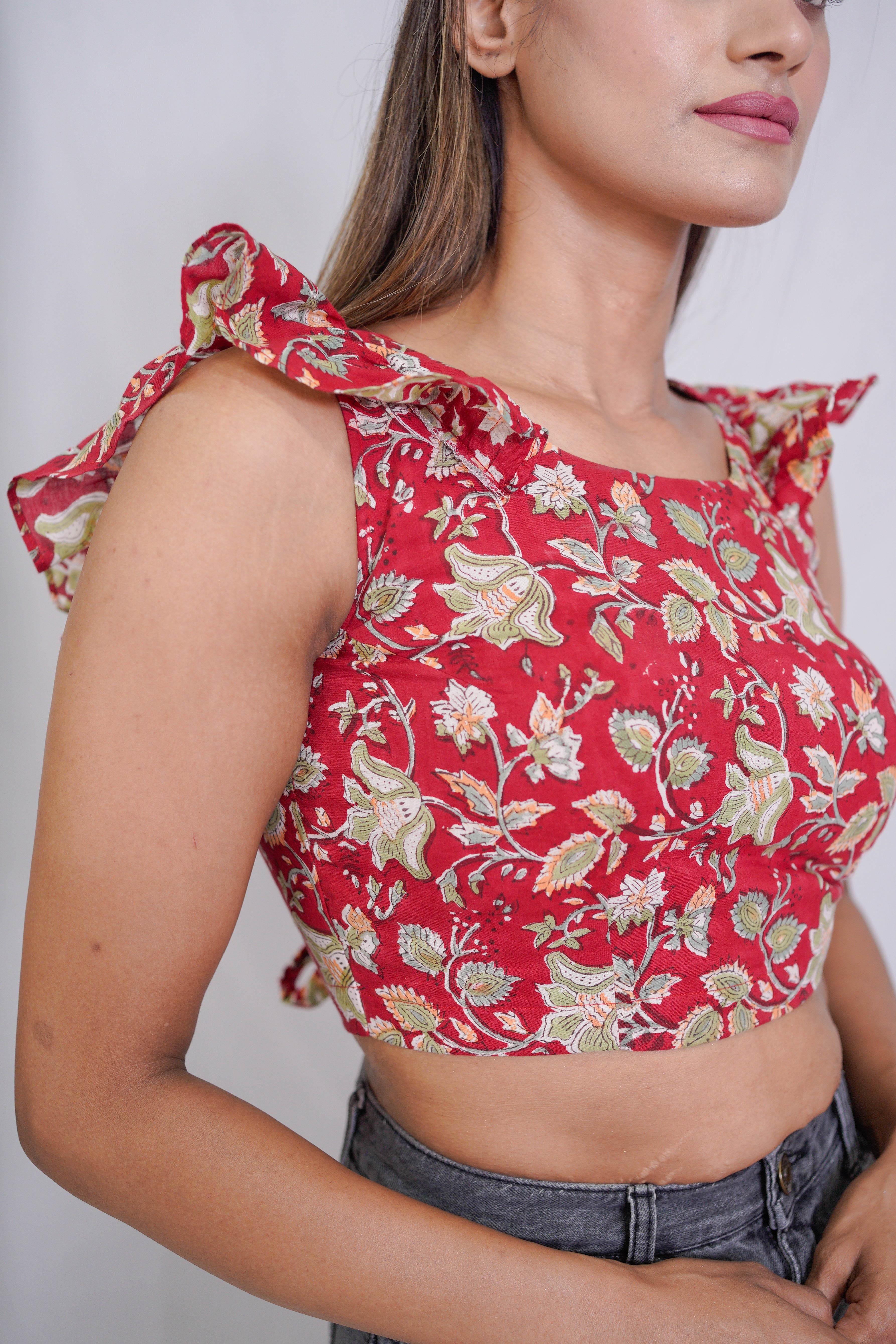 Red Sanganeri Handblock Printed  Backless Crop Top