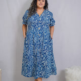 Indigo Dabu Handblock Printed Floral Slit Dress